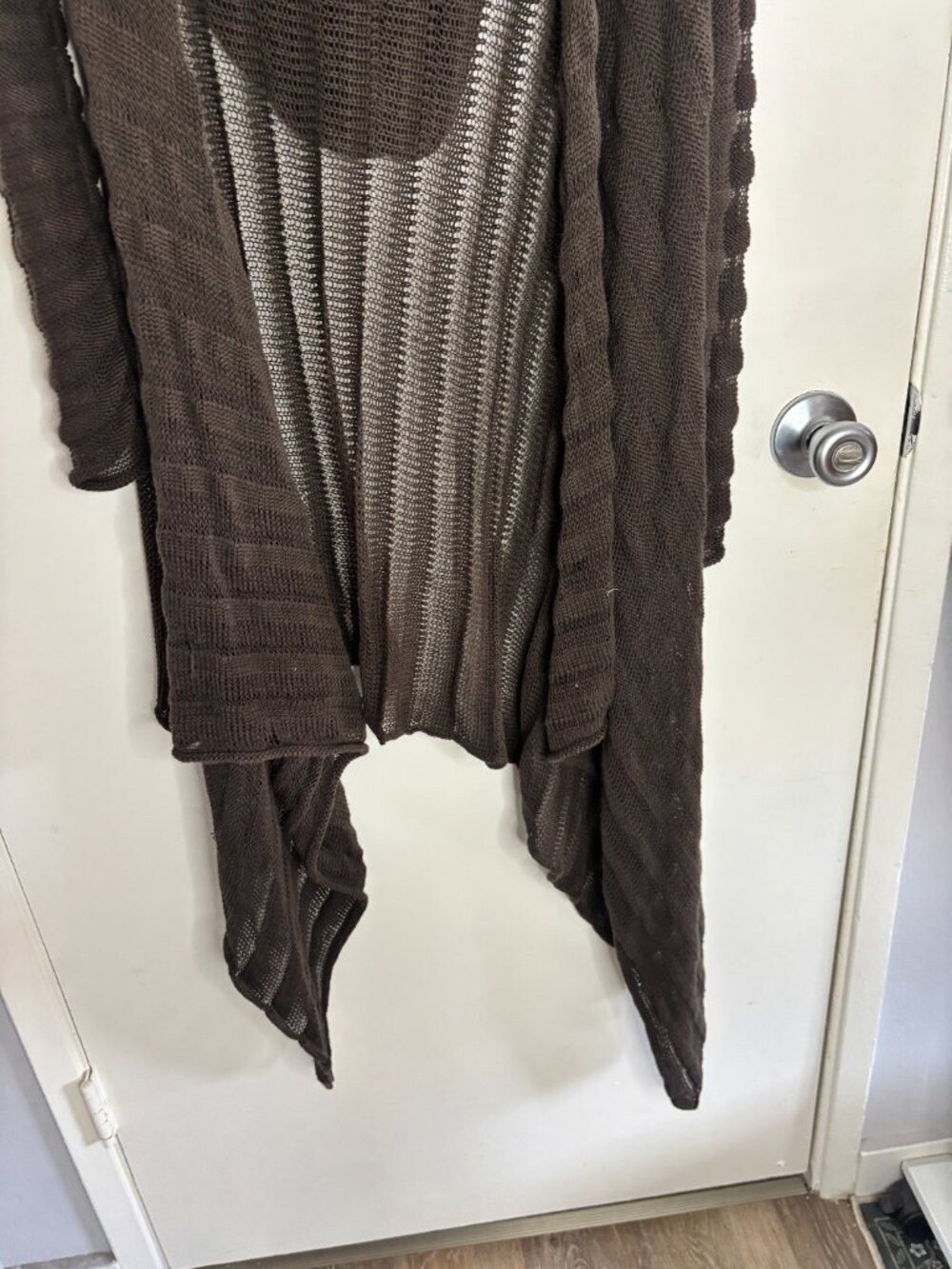 Deep Brown Hand Loomed Open Knit Made in Peru Longline Hooded Cardigan - Picture 6 of 13